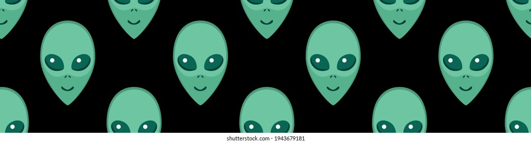 Seamless pattern with Aliens green heads. UFO, Humanoids endless backdrop isolated. Smiling visitors, Martians. Vector illustration, wallpaper on theme of space, conspiracy theory, Sci-fi, fantastic