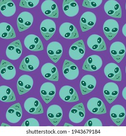 Seamless pattern with Aliens green heads. UFO, Humanoids endless backdrop isolated. Smiling visitors, Martians. Vector illustration, wallpaper on theme of space, conspiracy theory, Sci-fi, fantastic