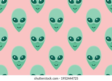 Seamless pattern with Aliens green heads. UFO, Humanoids endless backdrop isolated. Smiling visitors, Martians. Vector illustration, wallpaper on theme of space, conspiracy theory, Sci-fi, fantastic