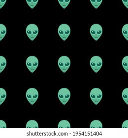 Seamless pattern with Aliens green heads. UFO, Humanoids endless backdrop isolated. Smiling visitors, Martians. Vector illustration, wallpaper on theme of space, conspiracy theory, Sci-fi, fantastic