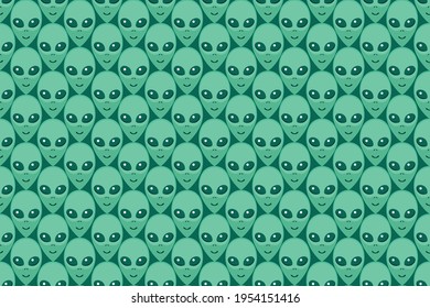 Seamless pattern with Aliens green heads. UFO, Humanoids endless backdrop isolated. Smiling visitors, Martians. Vector illustration, wallpaper on theme of space, conspiracy theory, Sci-fi, fantastic