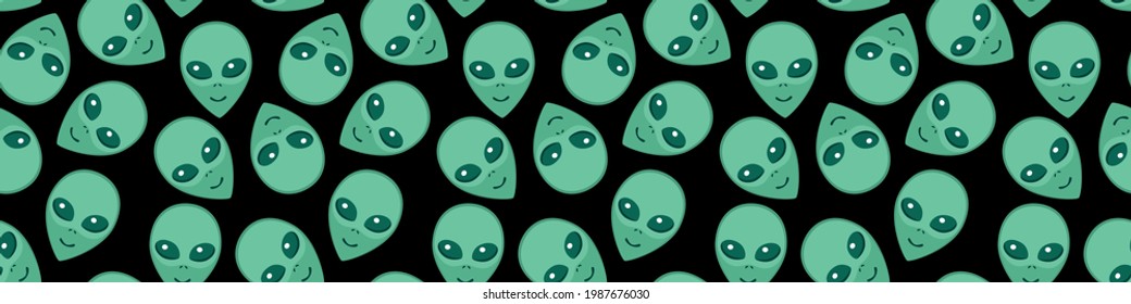 Seamless pattern with Aliens green heads. UFO, Humanoids endless backdrop isolated. Smiling visitors, Martians. Vector illustration, wallpaper on theme of space, conspiracy theory, Sci-fi, fantastic