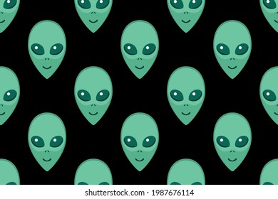 Seamless pattern with Aliens green heads. UFO, Humanoids endless backdrop isolated. Smiling visitors, Martians. Vector illustration, wallpaper on theme of space, conspiracy theory, Sci-fi, fantastic