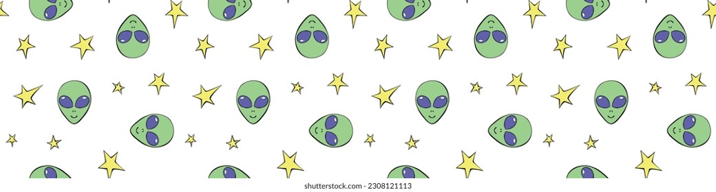 Seamless pattern with Aliens green heads, stars in doodle flat style. Humanoids, visitors, Martians. Vector illustration, wallpaper on theme of space, UFO, conspiracy theory, Sci-fi, fantastic