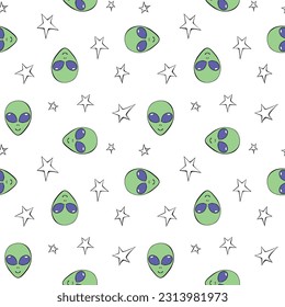 Seamless pattern with Aliens green heads, stars in doodle flat style. Humanoids, visitors, Martians. Vector illustration, wallpaper on theme of space, UFO, conspiracy theory, Sci-fi, fantastic