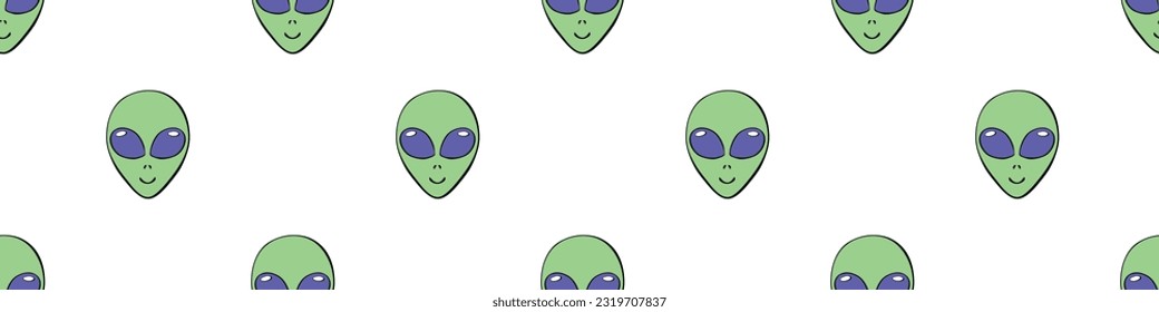 Seamless pattern with Aliens green heads in doodle flat style. Humanoids, visitors, Martians. Vector illustration, wallpaper on theme of space, UFO, conspiracy theory, Sci-fi, fantastic