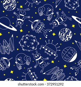 Seamless pattern with aliens, Moon, Saturn, Venus and space ships