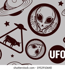 Ein nahtloses Muster mit Aliens und Nlo und Kühen auf grauem Hintergrund im Vintage-Stil. monochrome Vektorgrafik