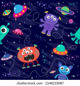 seamless pattern with aliens and space monsters, planets, rockets, stars, comets, spaceships in cartoon style. vector illustration