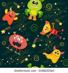 seamless pattern with aliens and space monsters, planets, rockets, stars, comets, spaceships in cartoon style. vector illustration