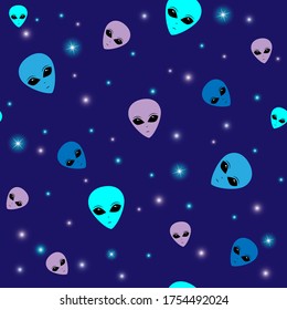 Seamless pattern with aliens.
UFO humanoids endless backdrop on a dark blue background. 
Visitors, Martians.
Vector illustration.