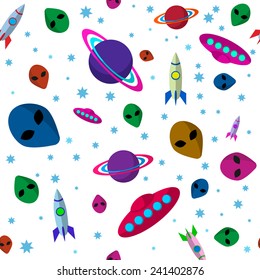 Seamless pattern with aliens, UFO, space rockets, stars and planets