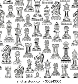 Seamless pattern with all chess pieces. Black and white. Beautiful lace ornament in Indian style. Vector illustration. svg
