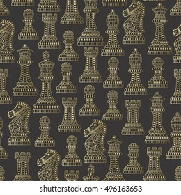 Seamless pattern with all chess pieces. Golden and black. Beautiful lace ornament in Indian style. Vector illustration. svg
