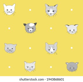 Patrón sin foco de todo tipo de gatos y gatitos en amarillo y gris, colores del año 2021, puntos, imagen de fondo abstracta geométrica gráfica retro vintage, niños felices dulces en vector.