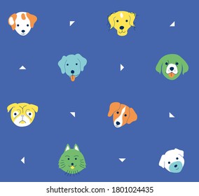 Seamless pattern of all kinds of dogs and puppy's blue and colorful,  graphic drawing minimal retro vintage, sweet happy kids background illustration in vector