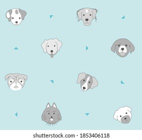 Seamless pattern of all kinds of dogs and puppy's in grey and light blue,  graphic drawing, minimal retro vintage, sweet happy kids background illustration in vector