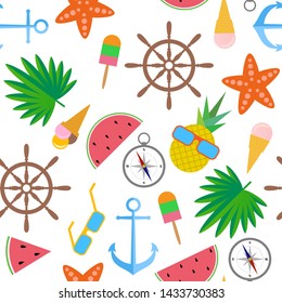 Seamless pattern. All objects isolated on white background. Watermelon, pineapple, starfish, glasses, ice cream, palm leaves, anchor, compass, steering wheel, bottle with a card inside