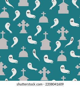 Seamless pattern for all saints day, ghosts, tombstones on a green background. Pattern for various products for Halloween.