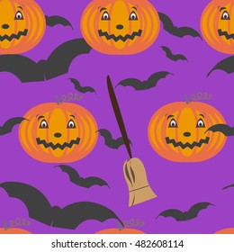 seamless pattern of All Saints Day. pumpkin, broom and bat. vector illustration