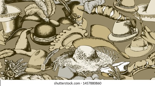Seamless pattern of all sorts of hats. Suitable for fabric, wrapping paper and the like. Engraving style