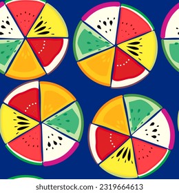 seamless pattern of all summer fruits in vector illlustration. bright summer colors: blue, red, orange, yellow. watermelon, papaya, fig, orange, lime, dragon on blue background