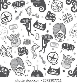 seamless pattern with alliens, ufo, rocket, cat,  animals vector art illustration design