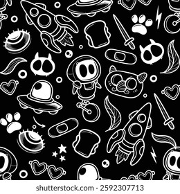 seamless pattern with alliens, ufo, rocket, cat,  animals vector art illustration design