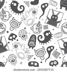 seamless pattern with alliens, ufo, rocket, cat,  animals vector art illustration design