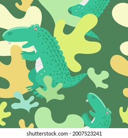Nahtloses Muster mit Alligator und Pflanzen auf grünem Hintergrund. Cute Cartoon Tier. Vektorgrafik.