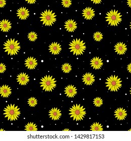 Seamless pattern allover sunflowers black background polka dot