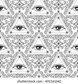 Seamless pattern with all-seeing eye. Hand drawn Eye symbol. Alchemy, religion, spirituality, occultism, wrapping and textiles art. 