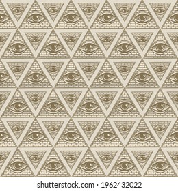 Seamless pattern with All-seeing eye inside triangle pyramid. Vector background with hand-drawn Eye of Providence. Symbol Omniscience. Luminous Delta. Ancient mystical sacral illuminati symbol