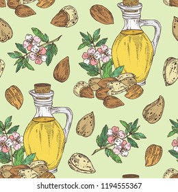 Seamless pattern with almond and bottle of almond oil. Vector hand drawn illustration