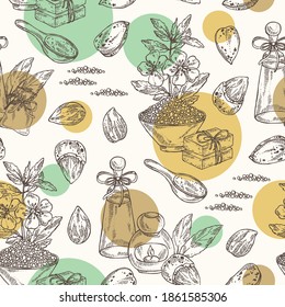 Seamless pattern with almond: branch of almond flowers, almond and leaves. Oil, soap and bath salt . Cosmetics and medical plant. Vector hand drawn illustration