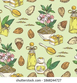 Seamless pattern with almond: branch of almond flowers, almond and leaves. Oil, soap and bath salt . Cosmetics and medical plant. Vector hand drawn illustration