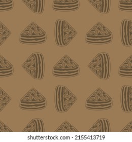 Seamless pattern with almond brownies. Wrapping paper and packaging patterns. Kraft paper pattern. Hand drawn lines.
