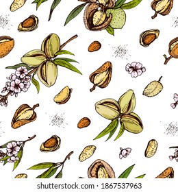 Seamless Pattern with Almond kernels of nuts and a branch of almonds with nuts, fruits, flowers.