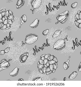 Seamless Pattern with Almond kernels of nuts. Detailed hand-drawn sketches, vector botanical illustration.