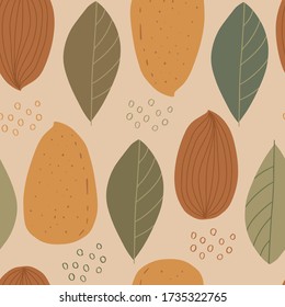 Seamless pattern with almond and leaves. Healthy diet. Modern background for packaging, ads, labels and other designs. Hand drawn illustration.