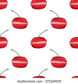 Seamless pattern with almond macaroon cookies in the form of red cherries on a white background.