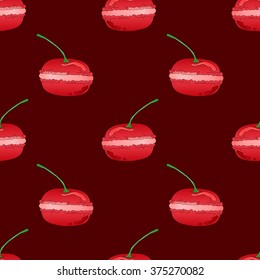 Seamless pattern with almond macaroon cookies in the form of red cherries on a dark burgundy background.