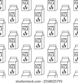 Seamless Pattern with Almond milk. Box Carton packaging. Outline, Doodle, Line art. Vector flat illustration.