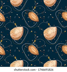 Seamless pattern with almonds. Background with nuts. Wallpaper, print, wrapping paper, modern textile design, banner, poster. Vector illustration.