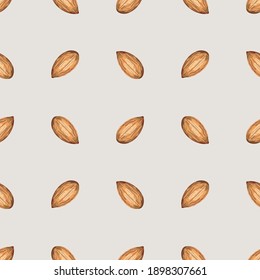 Seamless pattern with almonds. Background with nuts. Wallpaper, print, wrapping paper, modern textile design, banner, poster. Vector illustration.