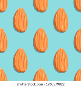 Patrón sin foco con almendras. Impresión corta con nueces sobre fondo azul. Icono de comida y aperitivos. Ilustración plana vectorial.