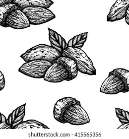Seamless pattern with almonds on white background. Vector illustration for your design