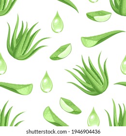 Seamless pattern with aloe vera plant, green cut leaves, slices and drops of juice. Medical herbs background. Vector illustration in cartoon flat style.