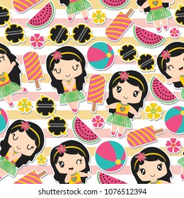 Seamless pattern of aloha girl and summer elements on striped background vector cartoon illustration for kid wrapping paper, kid fabric clothes, and wallpaper