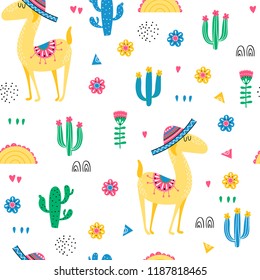 Seamless pattern with alpaca, cacti and flowers on a white background. Vector illustration.